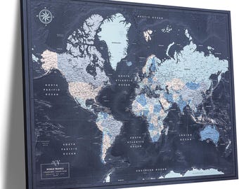 Tablero de alfileres con mapa del mundo de la Marina — Mapa de viaje con alfileres sobre lienzo, envuelto o enmarcado, personalizado, 100 alfileres, regalo para viajeros