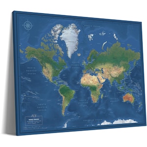 Detailed World Map on Canvas, Personalized Push Pin Travel Map, Pin Board, 100 Pins, Milestone Birthday Gift