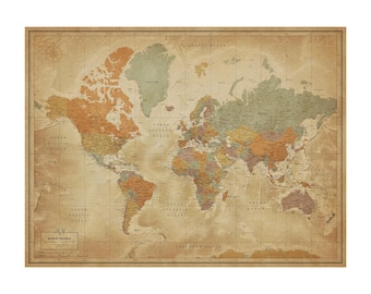 Vintage World Push Pin Travel Map — Poster or Mounted Pin Board, Personalized, 100 Pins