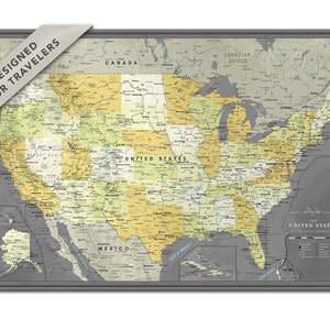Affiche de carte de voyage aux États-Unis avec punaises, carte personnalisée des États-Unis, cadeau du voyageur, carte des États-Unis avec punaises, carte murale suspendue