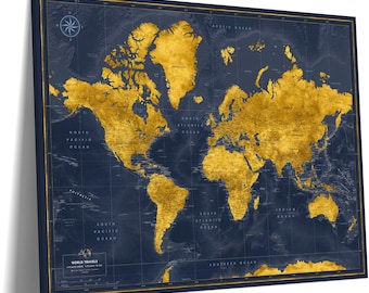 Gold color world travel map with pins, Track your travels and plan new adventures