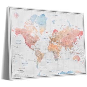 Travel map with pins on canvas to Mark Where You Have Traveled - World Map Pin Board with Cities - Personalized push pin map - Wall Art