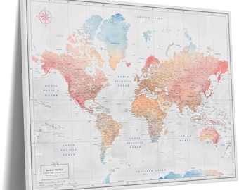 Personalized World Map Pin Board – Watercolor Travel Tracker Canvas