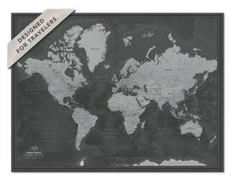 Affiche de carte de voyage minimaliste - Carte du monde avec des épingles pour les voyageurs - Personnalisation et différentes tailles et couleurs