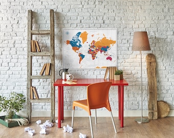 World Push Pin Travel Map in Pantone California — Poster or Mounted Pin Board, Personalized, 100 Pins