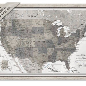 Mappa personalizzata, mappa con puntine da disegno USA incorniciata, bacheca con mappa di viaggio, mappa USA con personalizzazione, decorazione da parete per la scuola, arte da parete con mappa incorniciata