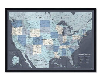 Navy USA Map Pin Board — Push Pin Travel Map Framed in Wood, National Parks, Personalized, 100 Pins