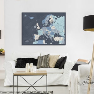 Europe Travel Map With Pins, Push Pin Europe Map Poster with Personalization, Pin Adventure Map, Europe Map Pin Board in Blue Shades image 7