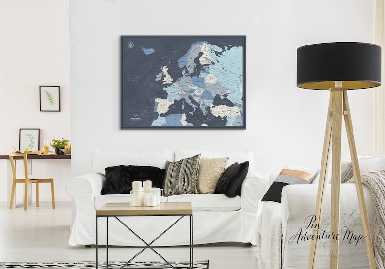 Europe Travel Map With Pins, Push Pin Europe Map Poster with Personalization, Pin Adventure Map, Europe Map Pin Board in Blue Shades image 7