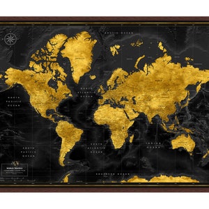 Gerahmte Weltkarte mit Pins, personalisierte Weltkarte für Travel Tracking, Push Pin Map Gold & Schwarz Farbe