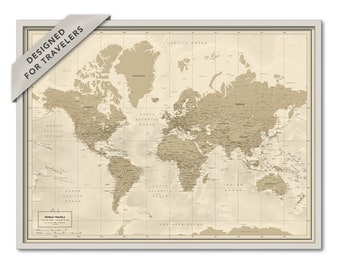 Framed Map of The World, Push Pin Wall Art Map in Neutral Colors, World Travel Map, Minimalist Wall Art, Gift for Traveler