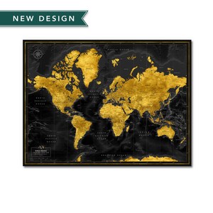 Weltkarte mit Push-Pins - Goldene Farbe Reisekarte - Schwarze Farbe Pin Map für die Reiseverfolgung