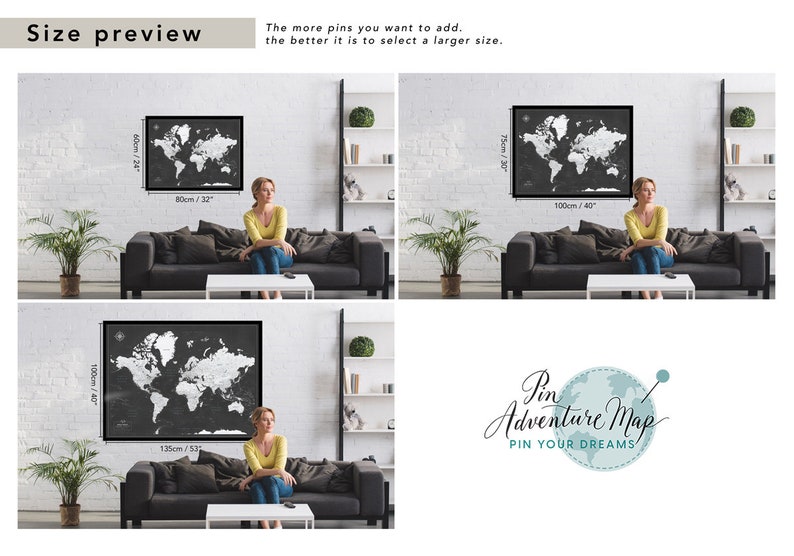 Black and White World Map Pin Board, Push Pin Map of The World, Framed Personalized Travel Tracking Map, Map to Mark Travel Places image 7