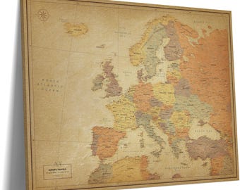 Vintage Style Europe Map with Pins – Push Pin Travel Canvas