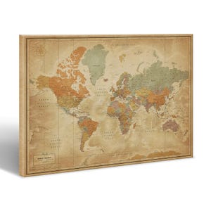 Vintage design world travel map with pins - Push pin travel map on canvas - Customizable push pin world map | Pin Adventure map