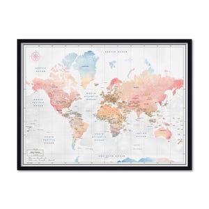 Cotton Candy World Map: Framed Push Pin Travel Tracker, Pin Board, 100 Pins, Wedding Gift