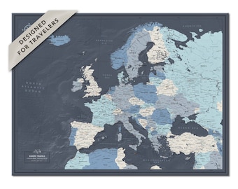 Europe Travel Map With Pins, Push Pin Europe Map Poster with Personalization, Pin Adventure Map, Europe Map Pin Board in Blue Shades