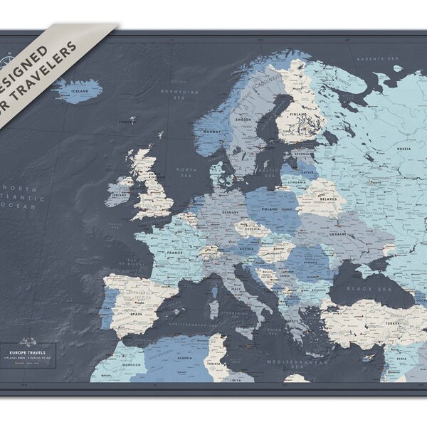 Europa reiskaart met pinnen, push pin Europa kaart poster met personalisatie, pin avonturenkaart, Europa kaart prikbord in blauwe tinten