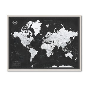 Schwarz-Weiß-Weltkarte Pinnwand, Pushpin-Karte der Welt, gerahmte personalisierte Reiseverfolgungskarte, Karte zum Markieren von Reiseorten