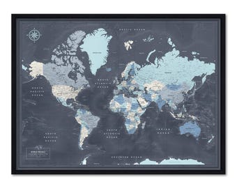 World Map Pin Board — Push Pin Travel Map Framed in Wood, Personalized, 100 Pins