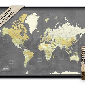 Carte encadrée du monde avec des épingles, carte des sites du patrimoine mondial de l'UNESCO, carte détaillée avec épingles pour le suivi des voyages, cadeau de voyageur personnalisé