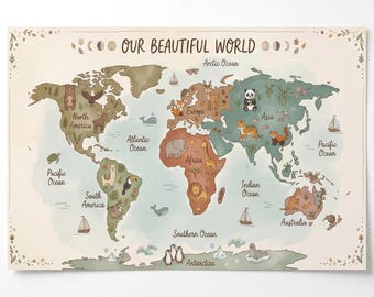 Boho World Map Print, Watercolor Animals, Earth Tone Nursery Decor