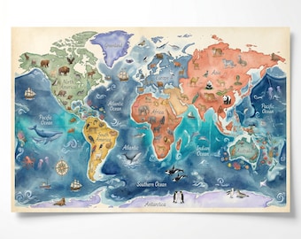 Ocean World Map Watercolor Print, Sea Life, Land Animals, Kids Nursery Wall Art