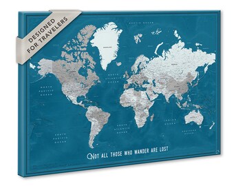 Canvas Map of The World, Push Pins Travel Map, World Map Canvas, Gift for Traveler, Canvas Push Pin Map, Custom Pin Map, Blue Wall Art Map