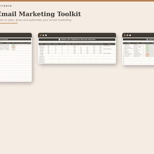 May include: The Email Marketing Toolkit by Markeeer Studio features three digital spreadsheet templates titled Email Marketing Campaign Planner, Email List Growth & Health Tracker, and Email Flow & Automation Tracker for planning and automation.