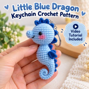 Haakpatroon voor een sleutelhangertje met een blauwe draak, mini-amigurumi + video-tutorial