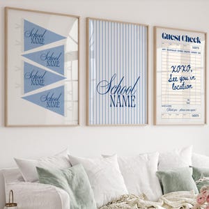 Custom College Dorm Wall Art Set of 6, Personalized University Gallery Wall, Blue Preppy Dorm Decor, Mascot & Guest Check Print image 3
