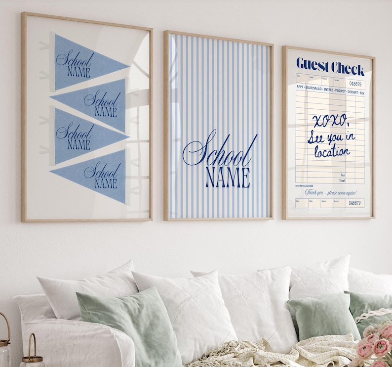 Custom College Dorm Wall Art Set of 6, Personalized University Gallery Wall, Blue Preppy Dorm Decor, Mascot & Guest Check Print image 3