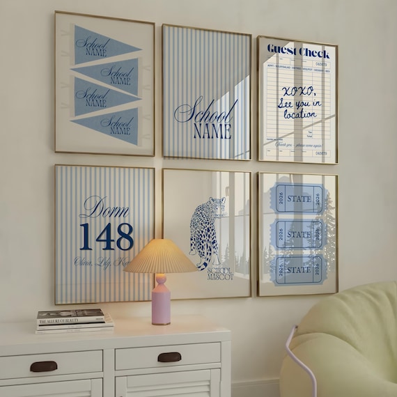 Custom College Dorm Wall Art Set of 6, Personalized University Gallery Wall, Blue Preppy Dorm Decor, Mascot & Guest Check Print