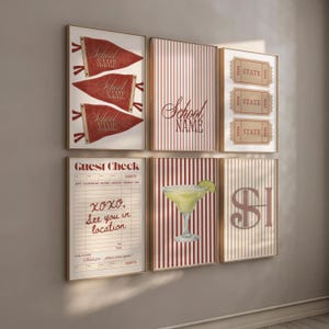 May include: A gallery wall set of six framed prints featuring red and white striped backgrounds, three red pennants labeled School Name, a guest check with text, a margarita glass with a lime slice, and three tickets labeled State 2026.