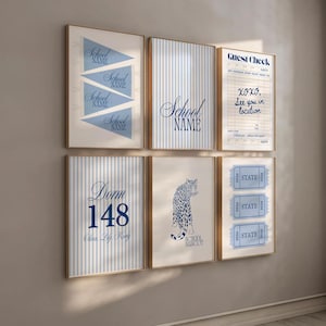 Custom College Dorm Wall Art Set of 6, Personalized University Gallery Wall, Blue Preppy Dorm Decor, Mascot & Guest Check Print image 5