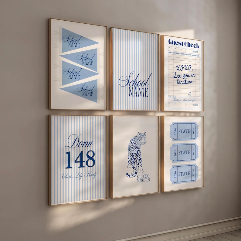 Custom College Dorm Wall Art Set of 6, Personalized University Gallery Wall, Blue Preppy Dorm Decor, Mascot & Guest Check Print image 5