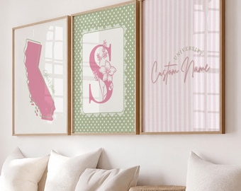 Personalized College Dorm Wall Art Set of 3 | Custom University, State Map & Floral Initial Prints | Preppy Dorm Decor | Digital Download
