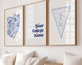 Personalized College Dorm Wall Art Set of 3, Custom University Name, Floral State Map & Pennant Digital Prints