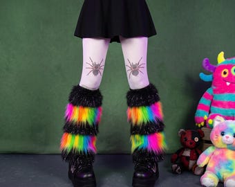 Calentadores de piernas peludos arcoíris para raves, esponjosos y esponjosos para festivales.