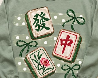 Mahjong PNG Designs, Green Bow Mahjong Tiles Clipart, Sage Botanical Social Club Shirt Design, Sublimation Digital Download