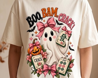 Ghost Mahjong PNG, Boo Bam Crack Funny Mahjong Saying, Coquette Halloween Sublimation Shirt Design, Pink Bow Digital Download