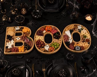 Halloween Charcuterie Board Set, BOO Wooden Serving Trays, Spooky Appetizer Platter, Halloween Party Decor, Candy Dish