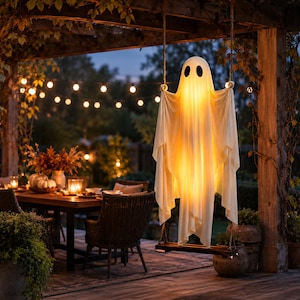 Lighted Hanging Ghost Swing, Halloween Outdoor Ghost Decor, LED Yard Decoration, Spooky Porch Garden Party Decor