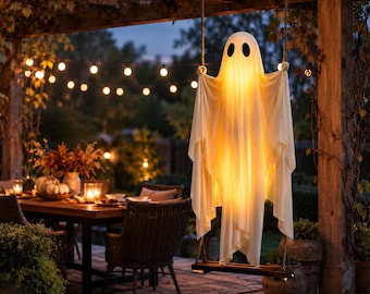 Lighted Hanging Ghost Swing, Halloween Outdoor Ghost Decor, LED Yard Decoration, Spooky Porch Garden Party Decor