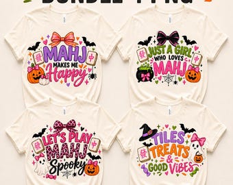 Halloween Mahjong PNG Bundle, 4 Spooky Mahj Designs, Coquette Ghost Pumpkin Shirt Sublimation Download