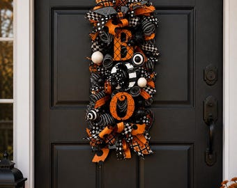 Halloween Door Swag, BOO Door Wreath, Black Orange Halloween Decor, Spooky Front Door Hanging, Halloween Porch Decor