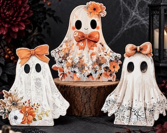 Wooden Ghost Set of 3, Halloween Ghost Shelf Sitters, Floral Lace Ghost Decor, Coquette Halloween Decorations, Tiered Tray Decor