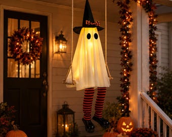 Hanging Ghost Swing Halloween Decoration, Light Up Witch Ghost with Remote Control, Spooky Porch and Yard Decor, Battery Operated Prop