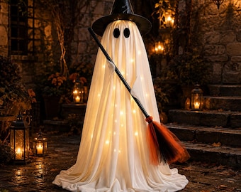 Lighted Ghost Witch with Broom, Halloween Porch Decor, LED Standing Ghost, Outdoor Yard Decoration, Spooky Entryway Display