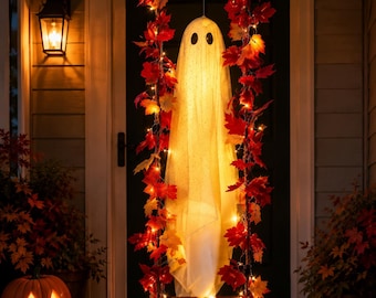 Halloween Ghost Swing Decor, Lighted Hanging Ghost with Autumn Leaves, Porch Halloween Decoration, Outdoor Ghost Decor, 3 Sizes